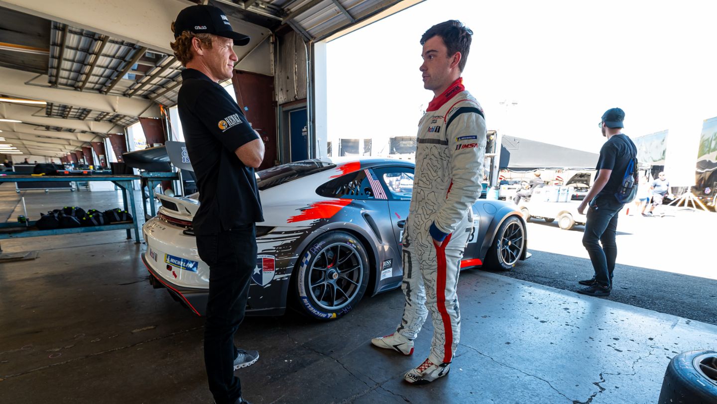 Patrick Long speaks with Porsche Junior North America Driver Riley Dickinson, 2019, PCNA